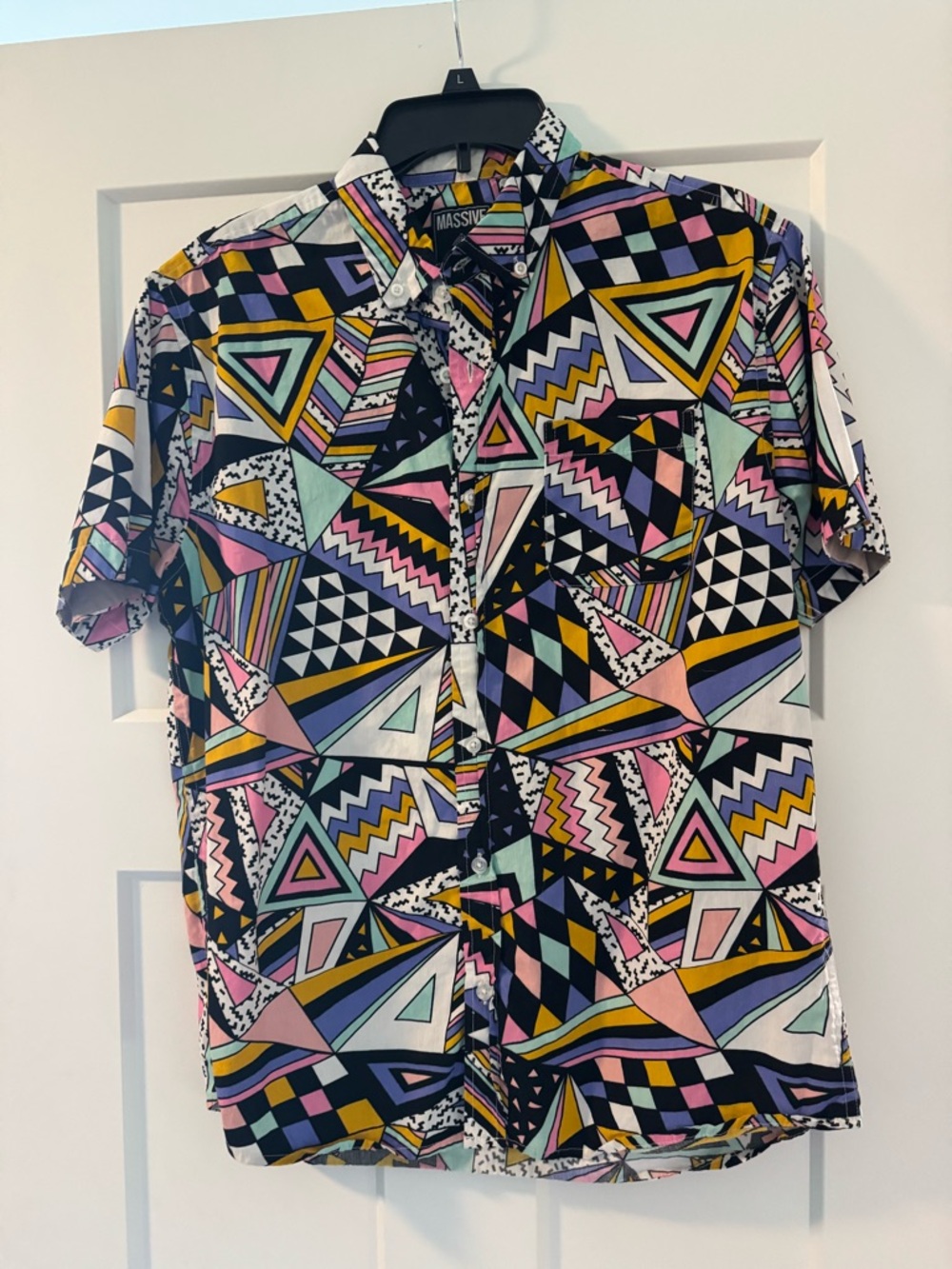 Massive Men's Multicolor Geo Short-Sleeve Casual Button-Down Shirt Festival M